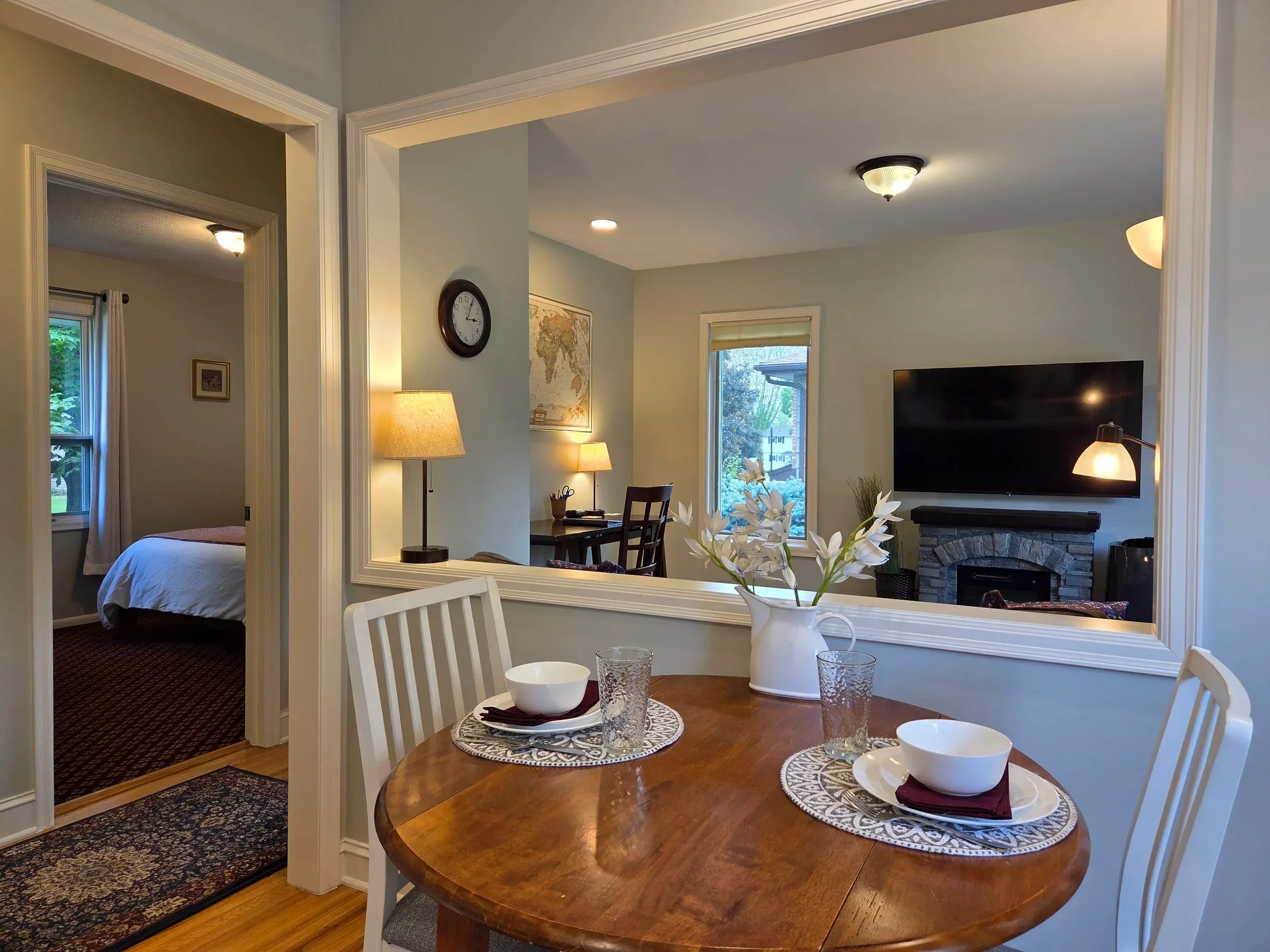 The kitchen and living room at My Cozy Retreat