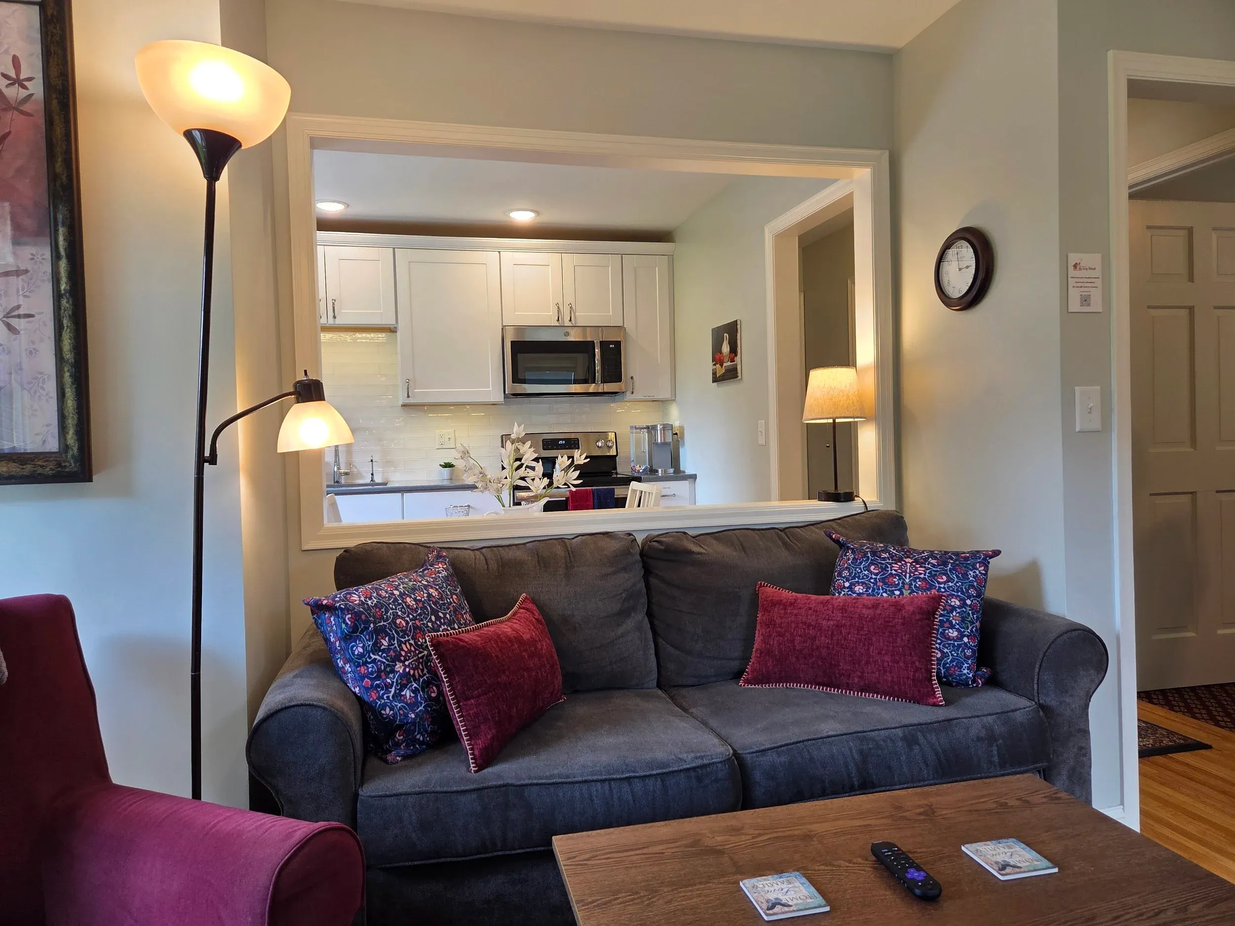 The kitchen and living room at My Cozy Retreat