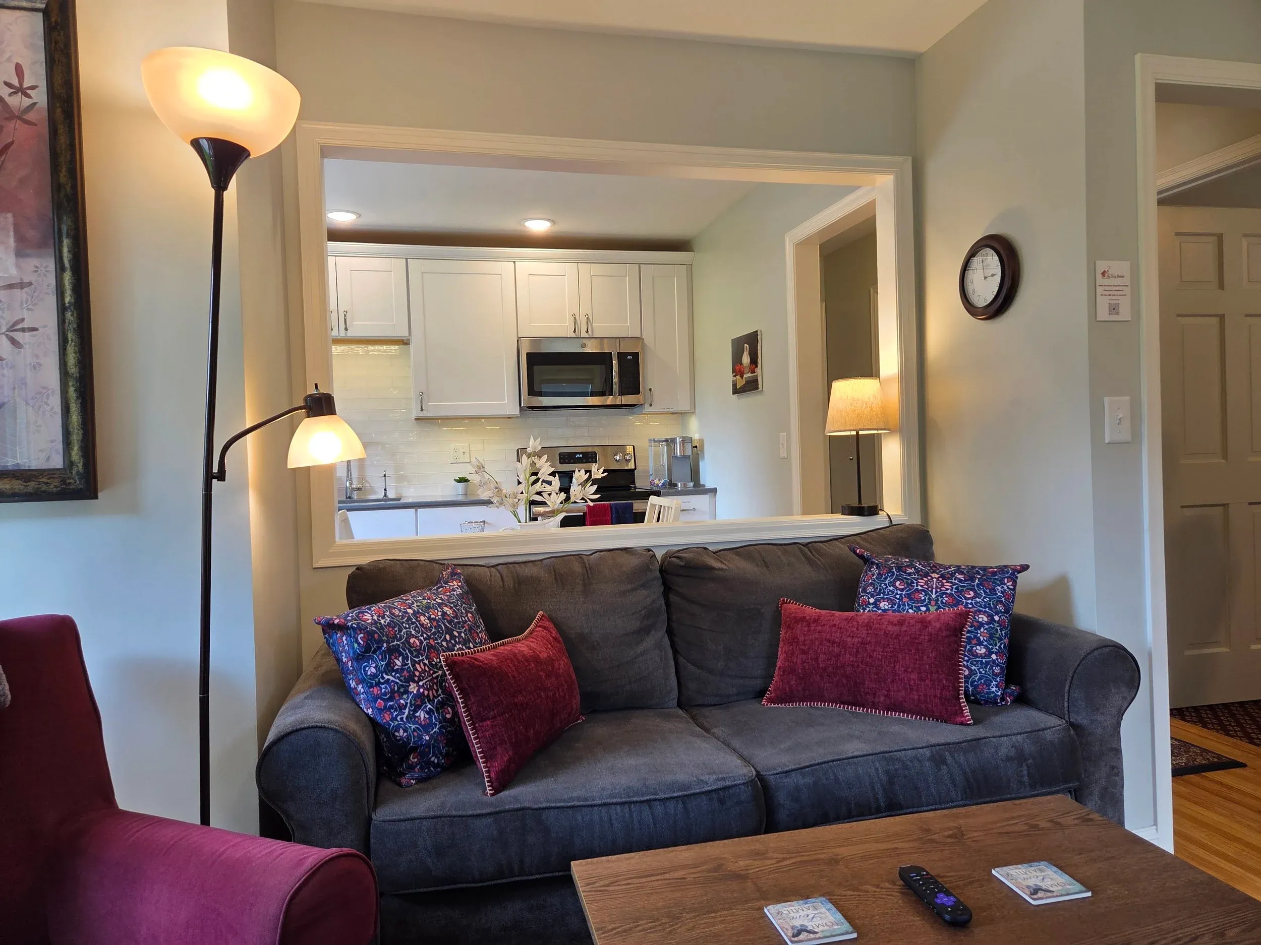 The kitchen and living room at My Cozy Retreat